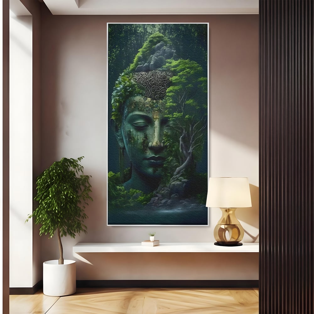 Tablou canvas cu tablou canvas cu cap de buddha imbracat in vegetatie, in rama de aluminiu argintiu